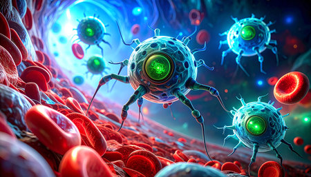 Viruses and blood cells. 3D illustration. Viruses in blood.の素材