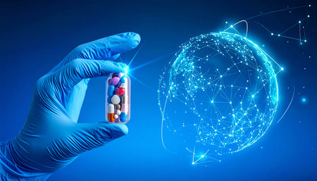 A hand in a blue glove holds a pack of pills against the background of the planet Earth. The concept of medicine and healthcare.の素材