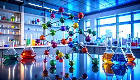 Molecular structure in chemistry laboratory. Science background. 3d renderingの素材