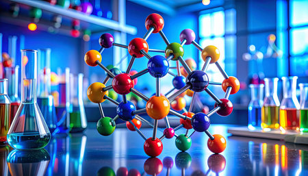 Molecular model of atom in laboratory. Science and medical backgroundの素材