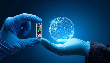 Hands in gloves holding smartphone with globe hologram on blue backgroundの素材