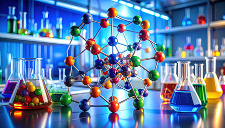 Molecular structure in laboratory. Science background. 3d renderの素材