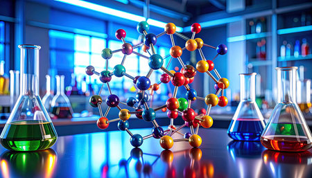 Molecular structure in the laboratory. 3d render illustration.の素材