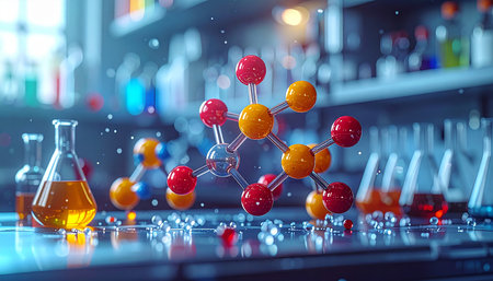 Molecular structure and chemical glassware in laboratory. 3d renderingの素材