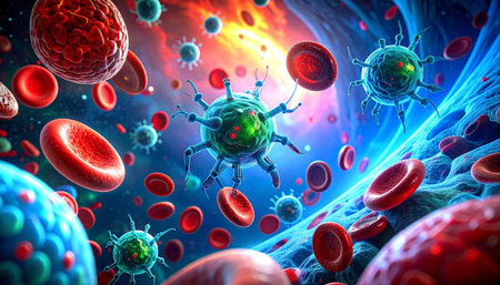 Digital illustration of blood cells in colour background  with virus cells.の素材