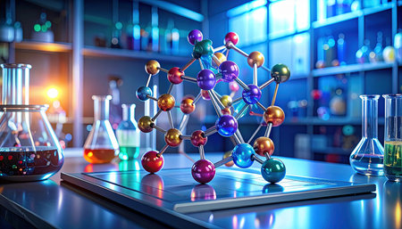 Molecular model of atom. Science and technology background. 3D renderingの素材