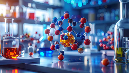 Molecular model in laboratory. Science and technology background. 3d renderingの素材