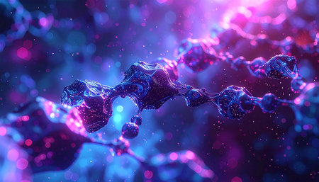 3d rendering of dna molecule with light effects on dark backgroundの素材