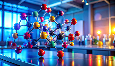 Molecular model of atom on table in laboratory. 3d renderingの素材