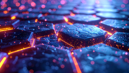 Futuristic technological background with hexagons and glowing lines. 3d renderingの素材