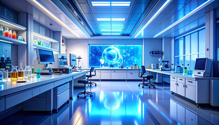 3d render of science laboratory interior with equipment and science experiments.の素材