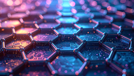 3d rendering of abstract metal hexagonal shape with glowing particles. Futuristic background with hexagons.の素材