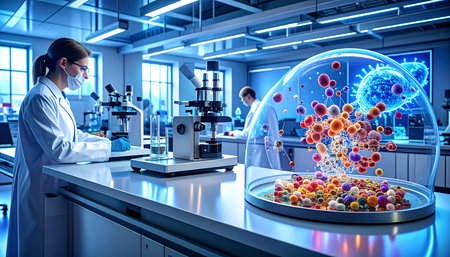 Scientist woman working with microscope in laboratory. Research and development concept. 3D renderingの素材