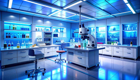 3d render of laboratory interior with microscope and test tubes on tableの素材