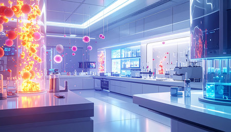3d render of science laboratory interior with equipment and science experiments.の素材