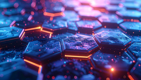 Abstract 3d rendering of hexagons with glowing neon lights. Futuristic background.の素材