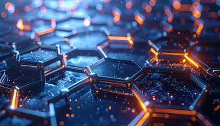 Abstract 3d rendering of hexagonal surface with glowing particles. Futuristic background.の素材