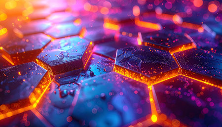 3d rendering of abstract background with hexagons and bokeh lightsの素材