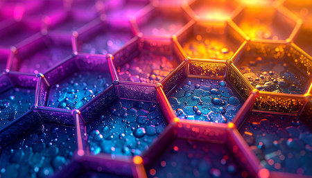 3d illustration of hexagonal honeycombs with dew dropsの素材