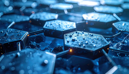 3d illustration of abstract background with hexagons and blue lights.の素材