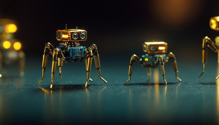 3d rendering robot toy on black background with bokeh lightの素材