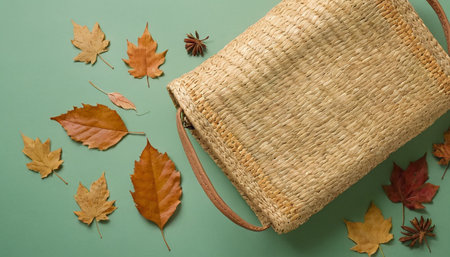 Wicker bag and autumn leaves on green background. Flat lay.の素材