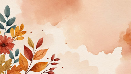 Autumn watercolor background with flowers and leaves. Hand painted illustration.の素材