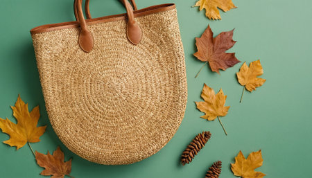 Stylish straw bag and autumn leaves on green background. Flat lay, top view.の素材