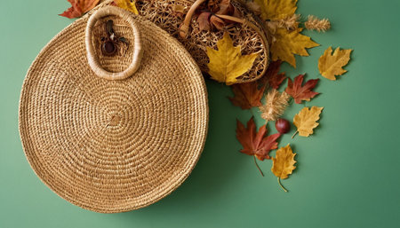 Wicker straw bag with autumn leaves on green background. Flat lay, top view.の素材