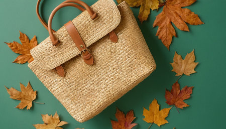 Wicker bag and autumn leaves on green background. Flat lay, top view.の素材