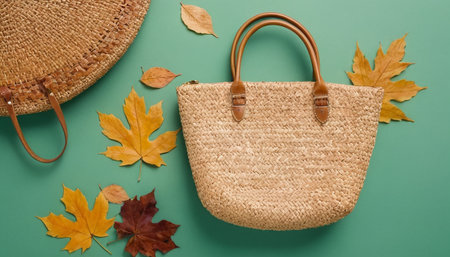 Stylish straw bag and autumn leaves on green background. Flat lay, top viewの素材