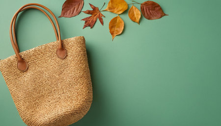 Flat lay composition with straw bag and autumn leaves on green backgroundの素材