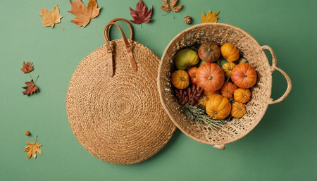 Autumn composition. Wicker basket with pumpkins and autumn leaves on green background. Flat lay, top view, copy spaceの素材