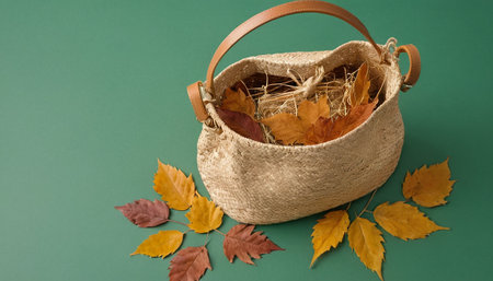 Handmade bag with dried leaves on a green background. Autumn concept.の素材