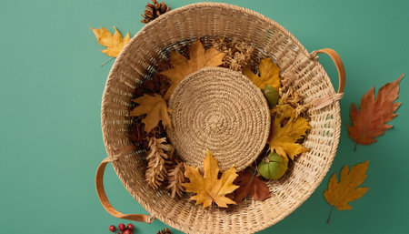 Wicker basket with autumn leaves and a straw hat on a green backgroundの素材