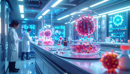 Coronavirus 2019-nCoV. Covid-19 virus cells in laboratory. 3d renderingの素材