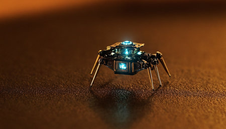 3d rendering of a small robot on a dark brown background.の素材
