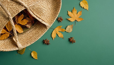 Straw hat and autumn leaves on green background. Flat lay, top view.の素材