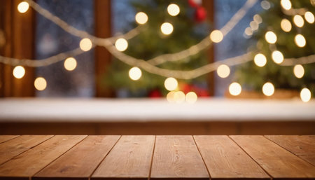 Wooden table in front of blurred christmas background with bokeh lightsの素材