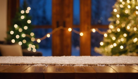 Wooden table in front of christmas tree with bokehの素材