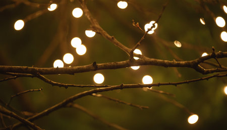 Christmas lights on tree branch in forest with bokeh background.の素材