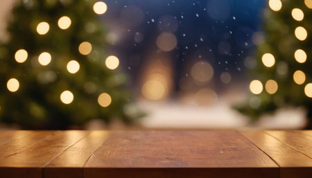 Wooden table in front of blurred christmas tree with bokeh backgroundの素材
