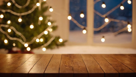 Wooden table in front of christmas tree with bokeh lightsの素材