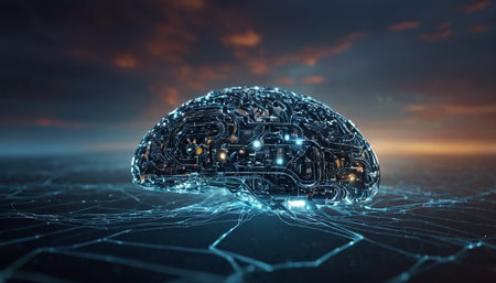 Human brain with circuit board on dark background. Artificial intelligence concept. 3D Renderingの素材