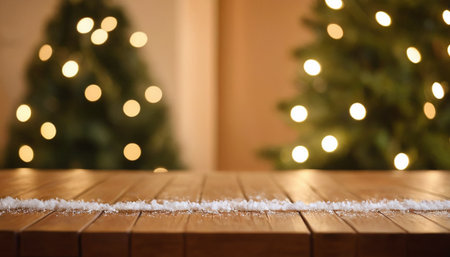 Wooden table in front of blurred Christmas tree with bokeh lightsの素材