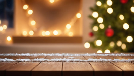 Wooden table in front of christmas tree with bokeh lightsの素材