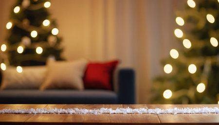 Wooden table in front of blurred living room with christmas treeの素材