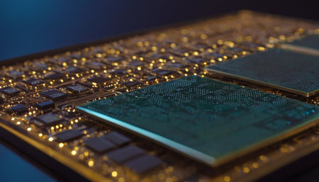 Close-up of electronic microcircuits on a computer motherboard.の素材