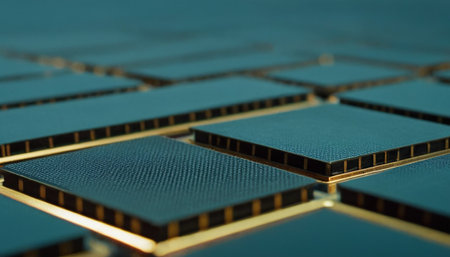 3d rendering of a computer chip with gold and blue background.の素材