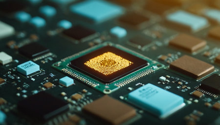 Close-up of electronic circuit board with processor chip. Technology backgroundの素材